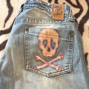 Petrol jeans pink plaid cross bone design GUC 💕